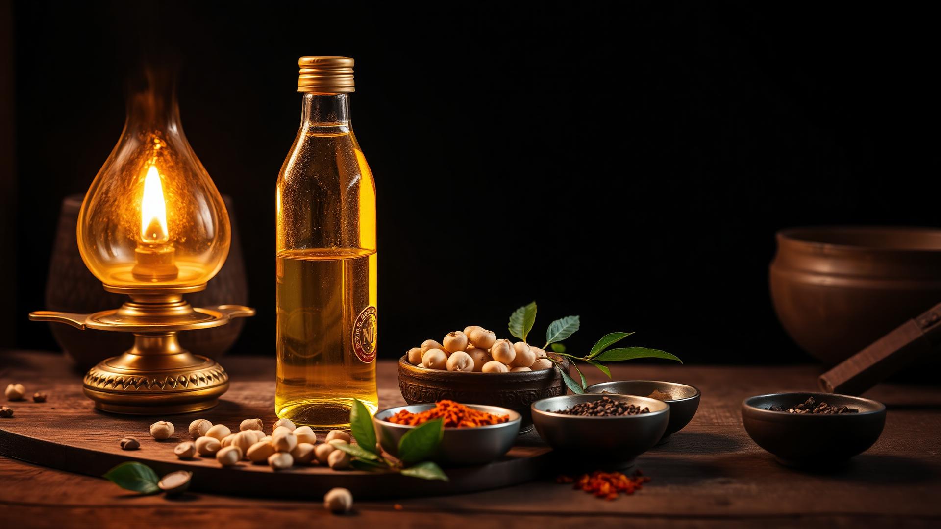 Golden cooking oil bottle beside a lit brass lamp, fresh groundnuts and Indian spices — Sri Datta Enterprises kitchen essentials